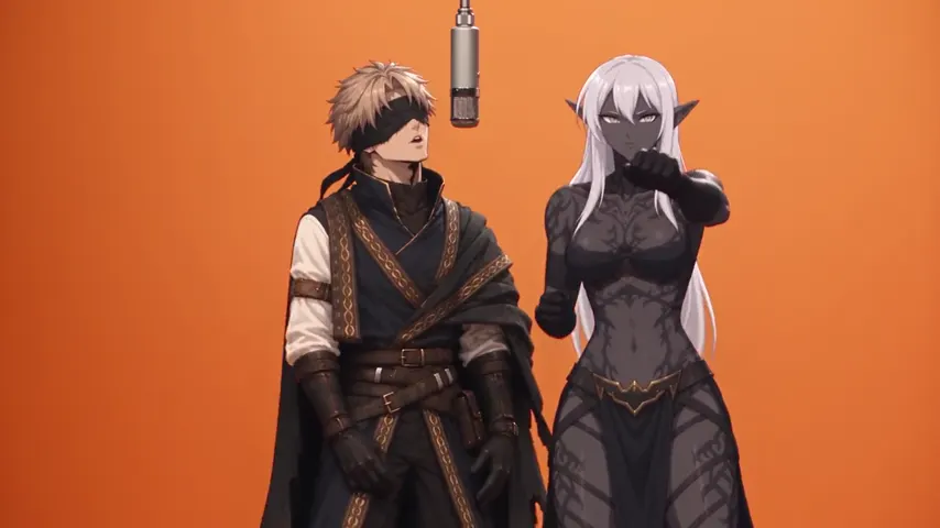 An anime swordsman and a dark-elf warrior at the mic