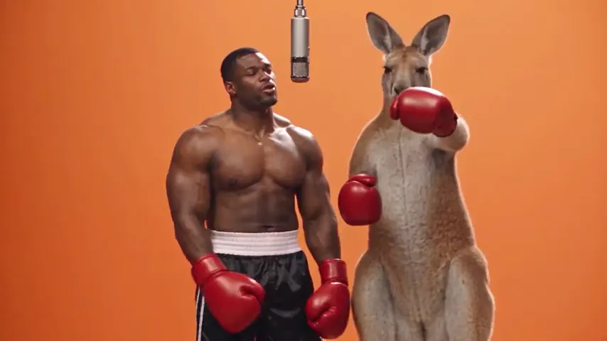 A boxer and a kangaroo in boxing gloves performing