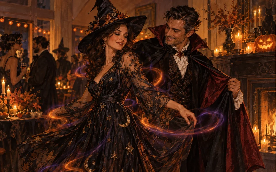 Illustrazione editoriale AI: Due adulti in costume a una festa a lume di candela.