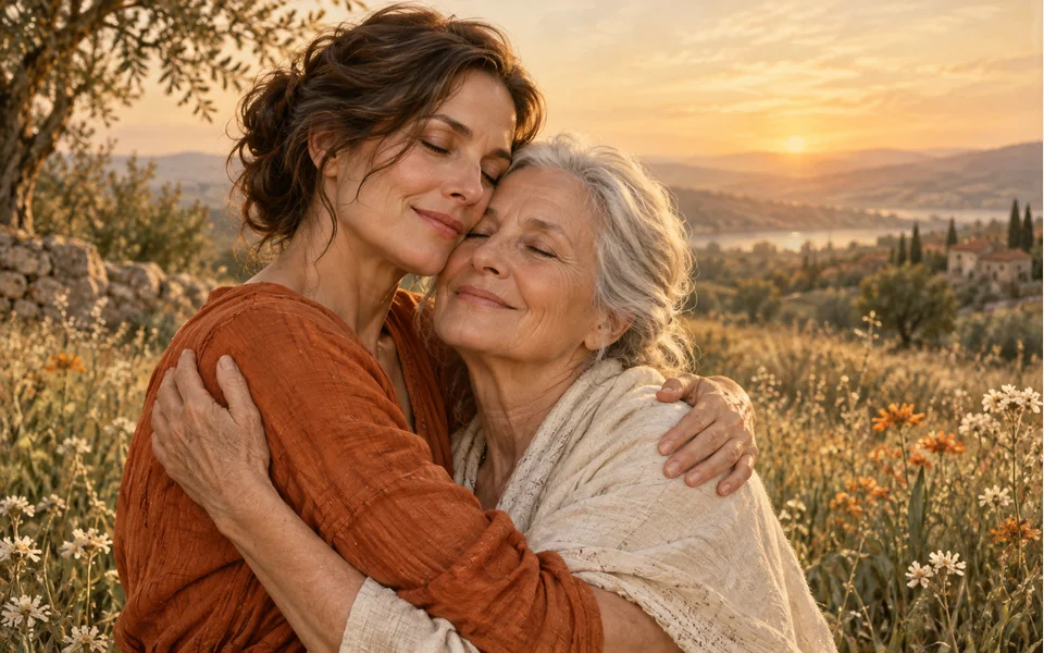AI editorial illustration: An imagined gentle embrace between an adult daughter and older mother.
