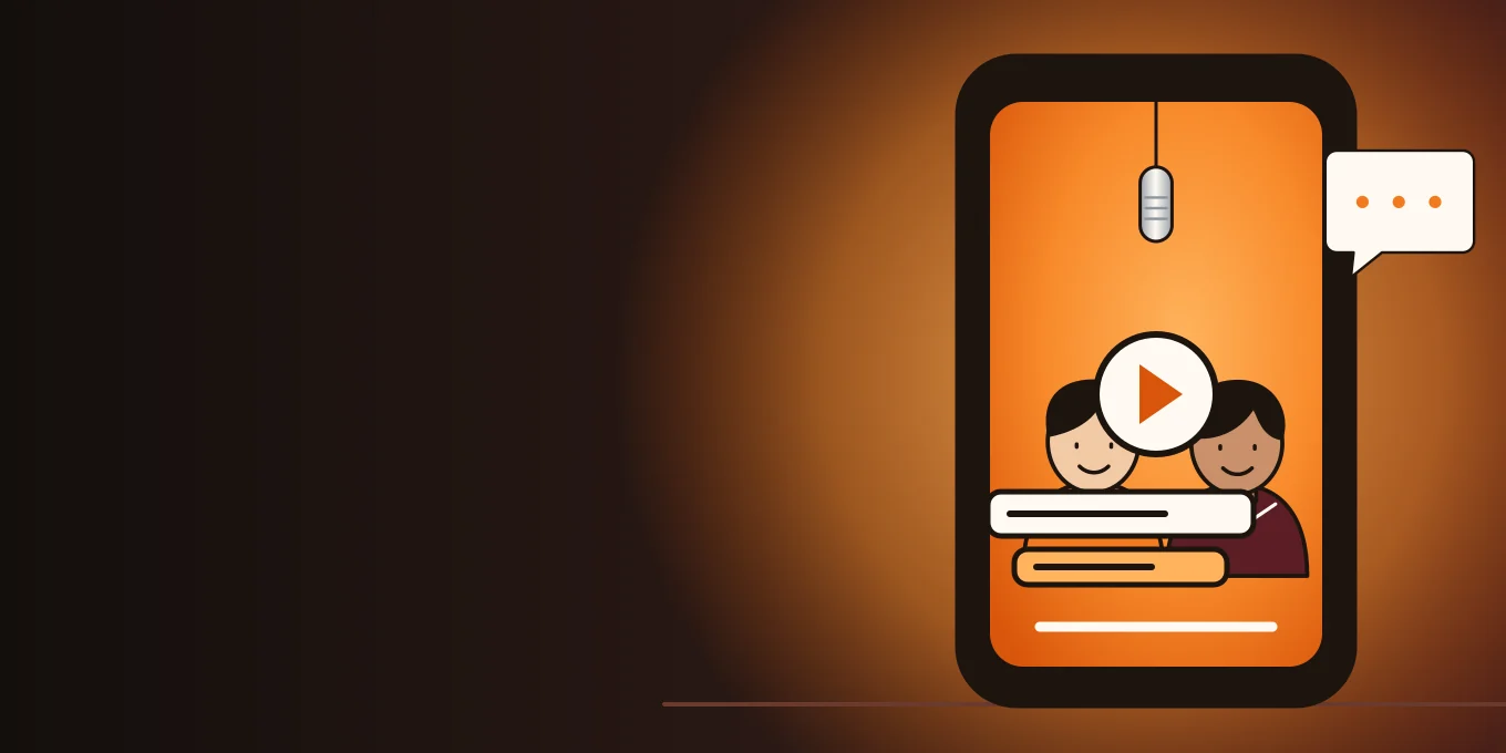 Illustrazione di un telefono che riproduce un video in cabina con i sottotitoli in basso.
