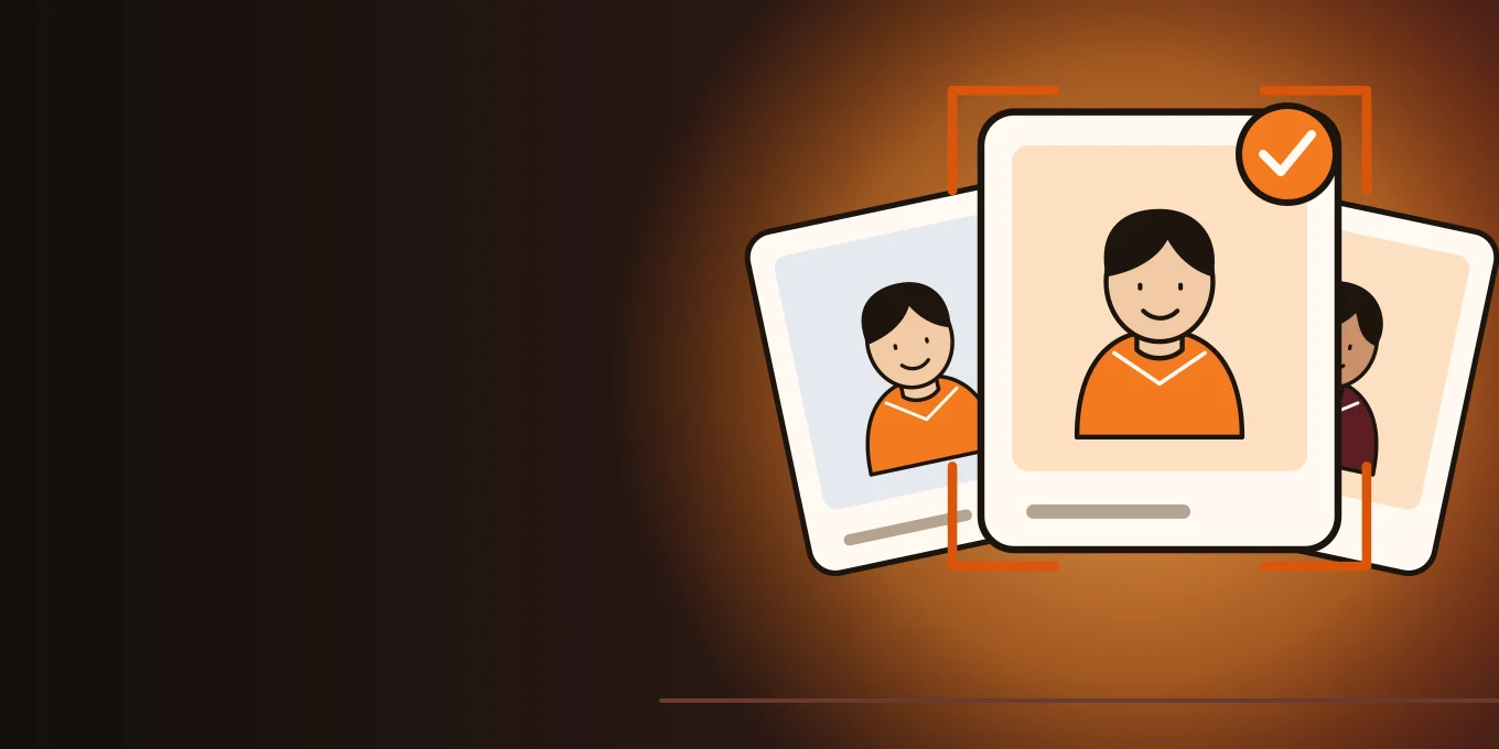 Illustration of three portrait photos, the middle one framed with crop marks and a check mark.