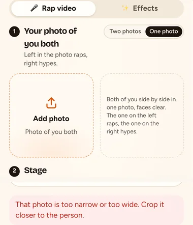 One photo mode: one photo of you both, left raps and right hypes. A very wide photo is refused with a message to crop it closer.