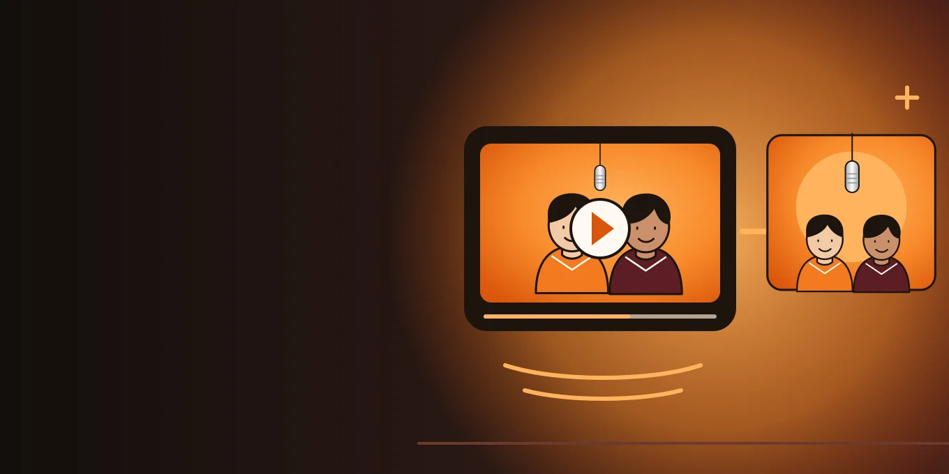 Ilustração de um clipe com botão de play, uma seta e uma cabine em dupla.