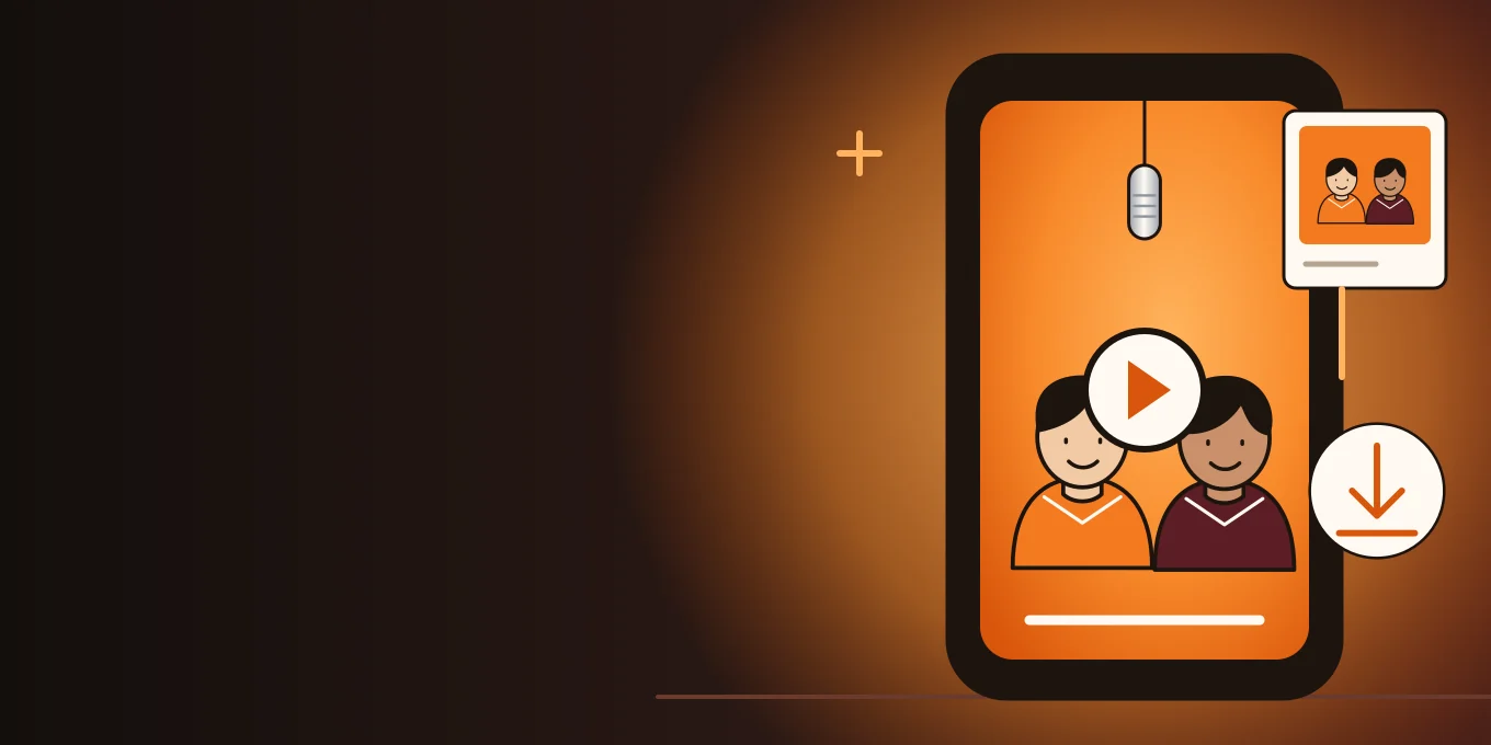 Illustration of a phone playing a two-person booth video, with a download arrow and a photo album.