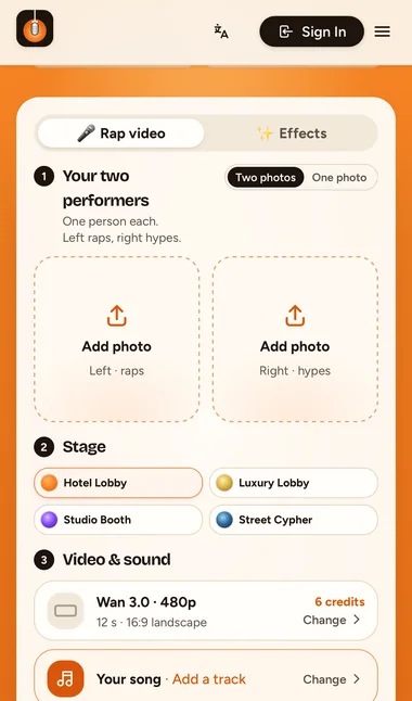 The generator in Safari on an iPhone (iOS 26.5 simulator): two photo slots, the stage and Video & sound. Nothing to install.