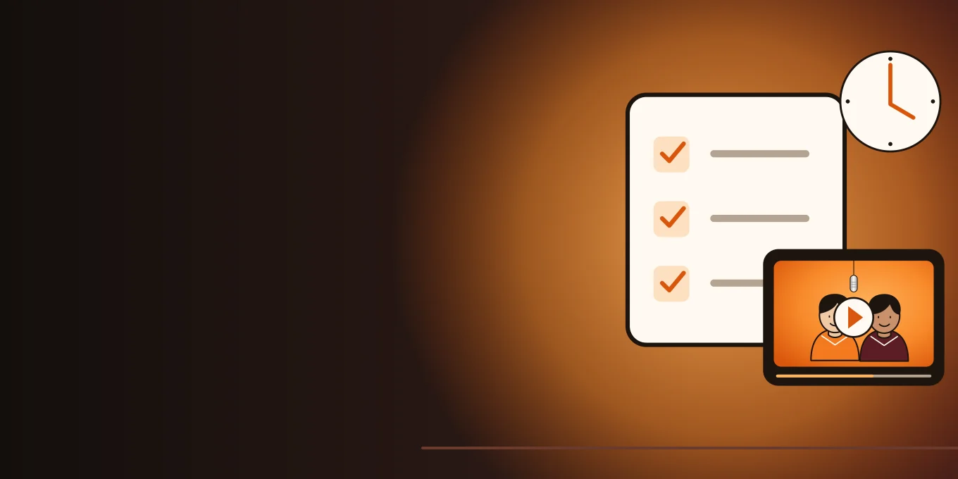 Illustrazione di una checklist, un orologio e un video in cabina su uno schermo.