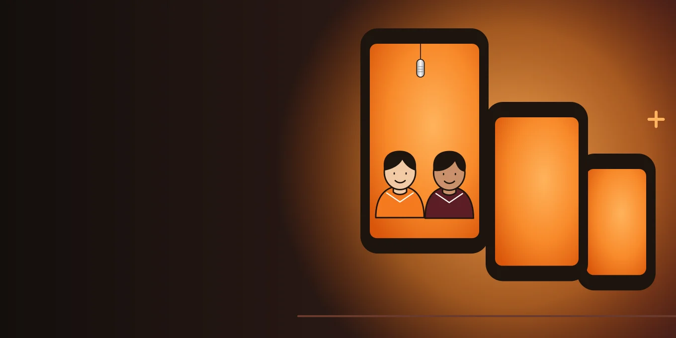 Illustration of three vertical phone frames in three sizes, the largest showing two performers.