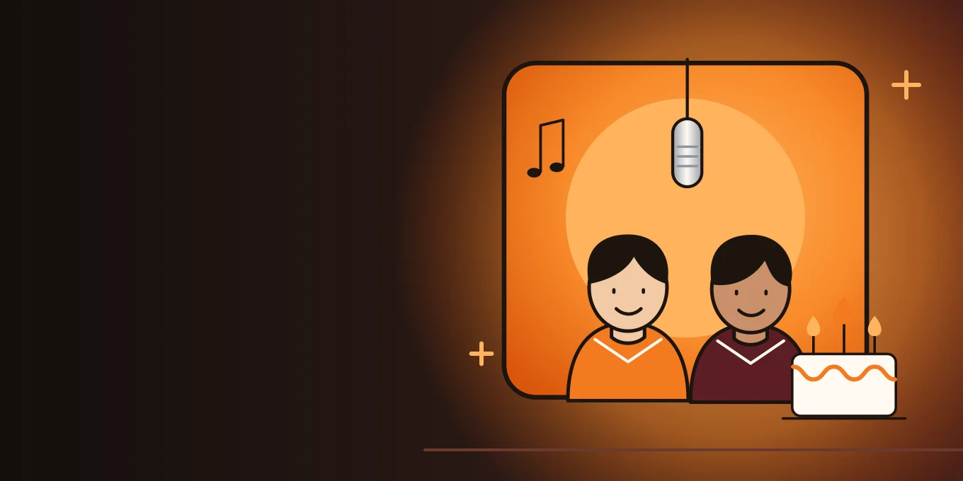 Illustration of two performers in the orange booth with a birthday cake and a music note.