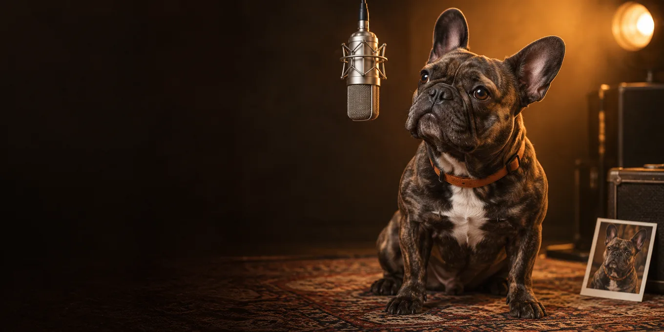 Conceptual studio portrait of a brindle French bulldog beside a silver hanging microphone.
