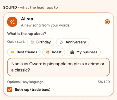 A rap battle topic with two sides, with Both rap (trade bars) ticked.