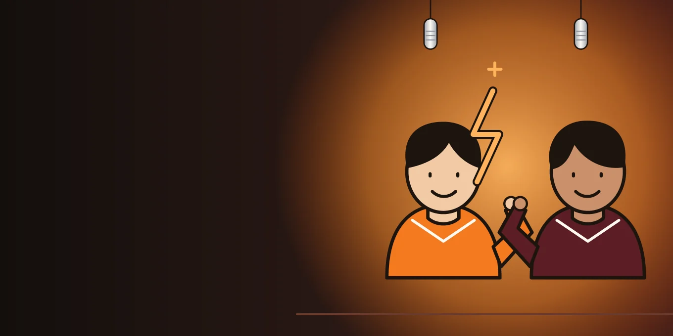 Illustration of two performers facing off under two hanging mics, with a lightning bolt between them.