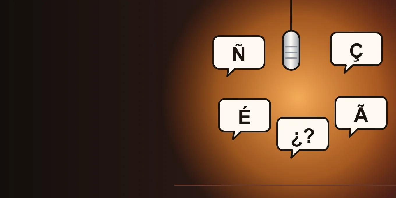 Illustration of a hanging mic surrounded by speech bubbles with accented letters.
