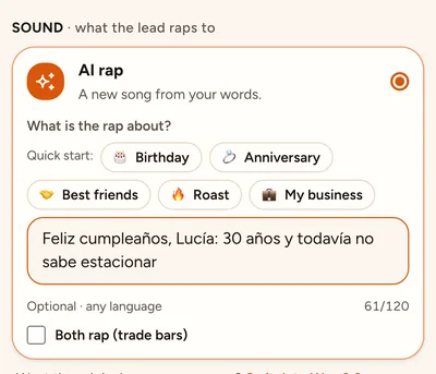 A topic written in Spanish in the AI rap box. The model is asked to rap in the language of the topic; we have not tested it yet.