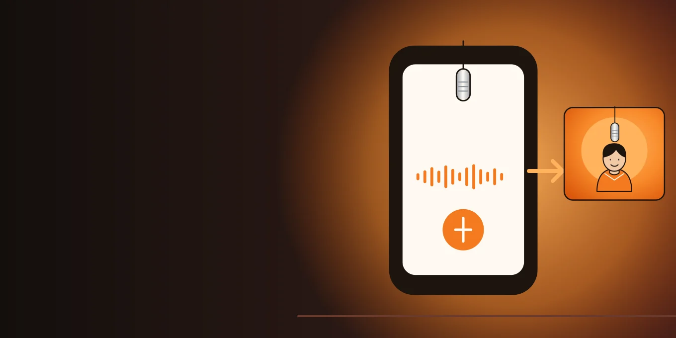 Illustration of a phone recording a voice note, with an arrow to a performer at the hanging mic.