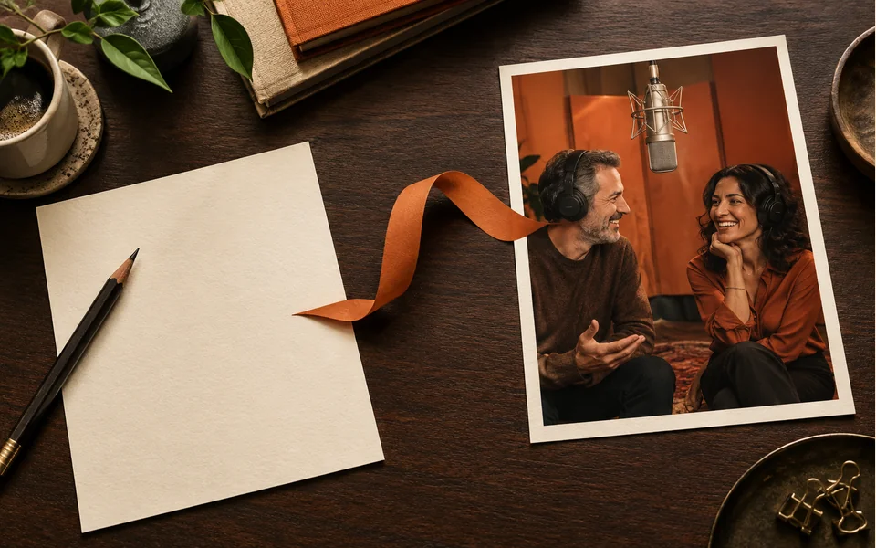 Illustrazione editoriale AI: Un foglio collegato alla foto di due artisti in studio.