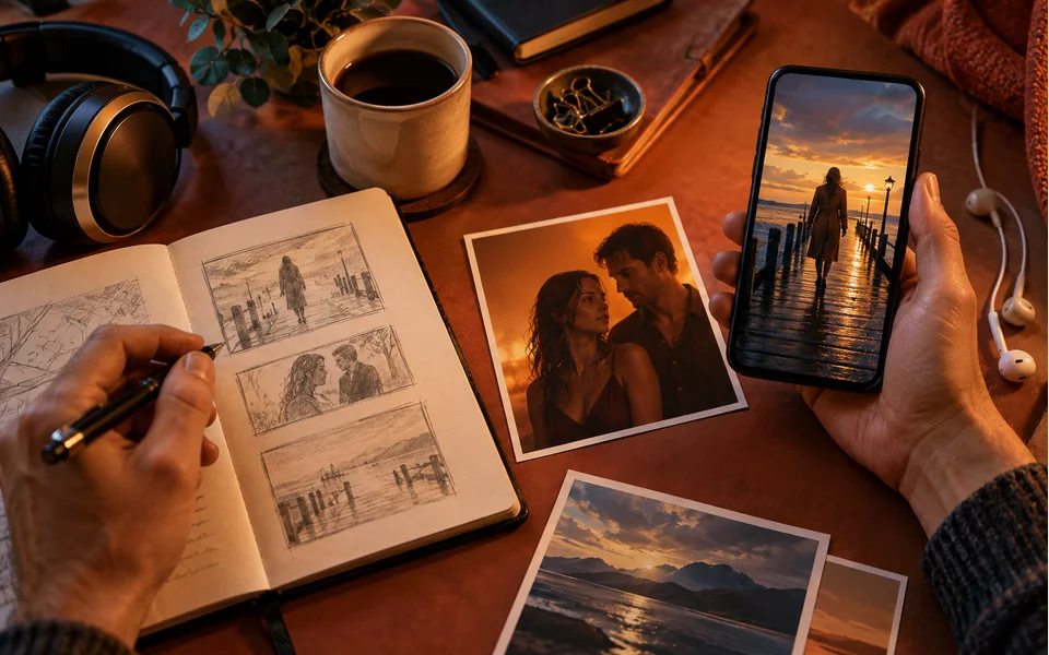 AI editorial illustration: A phone, storyboard notebook and scene photographs on a planning desk.