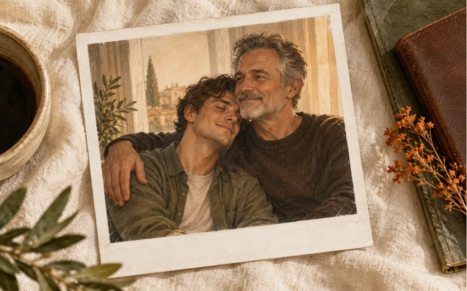AI editorial illustration: An instant-photo illustration of older and younger adult selves embracing.