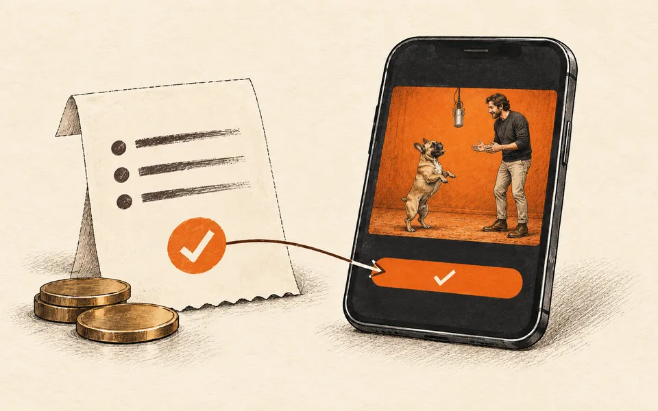 Illustration: an estimate sheet and credit tokens point to the confirmation bar beneath a pet video thumbnail.