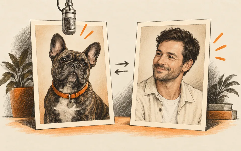 Illustration: a dog photo on the left and an adult portrait on the right, with a microphone and swap arrows.