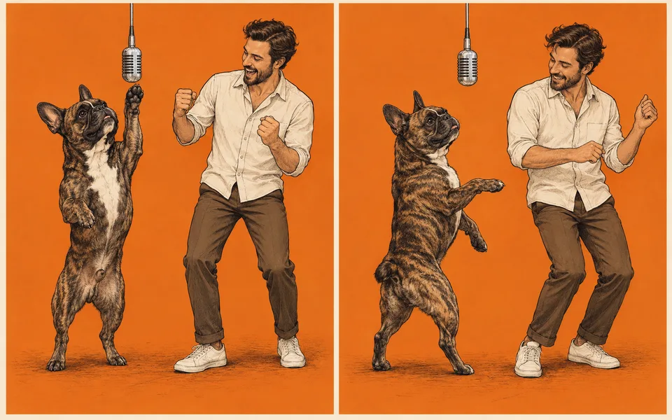 Illustrated storyboard of an upright dog reaching toward the mic and turning beside a standing man in an orange booth.